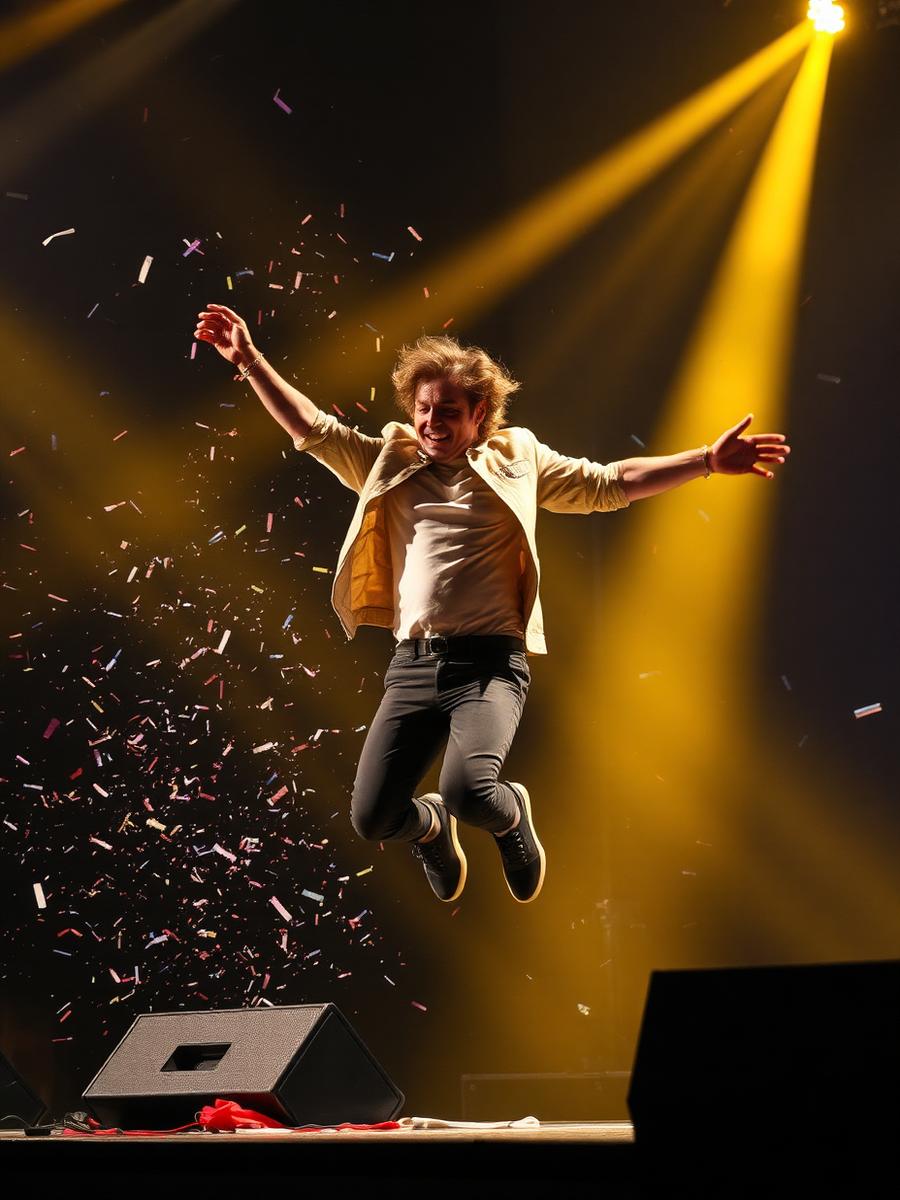 Kai Raven mid-jump on stage under gold spotlights