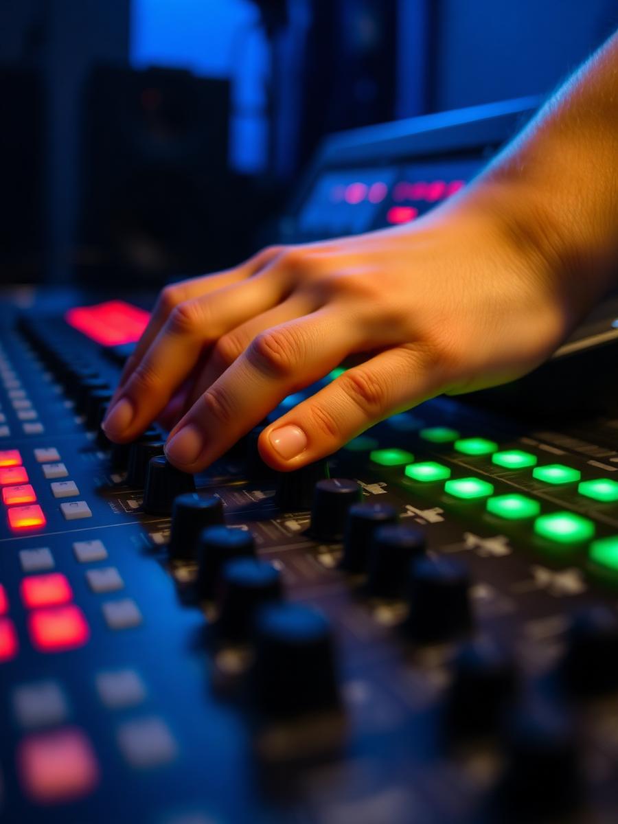 Close-up of hands on a glowing analog mixing desk