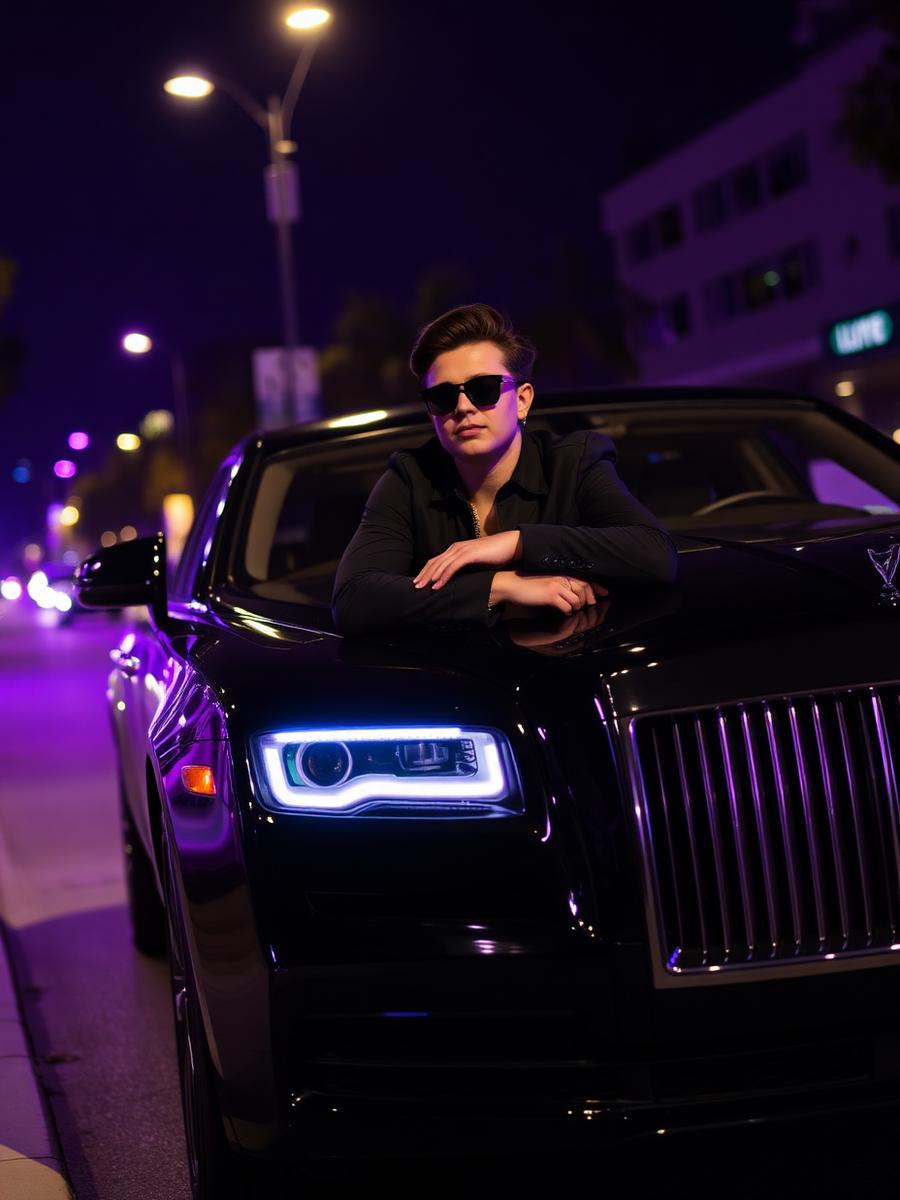 Kai Raven leaning on a black luxury car at night