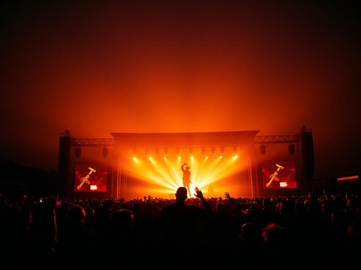 Festival crowd at golden hour facing the main stage