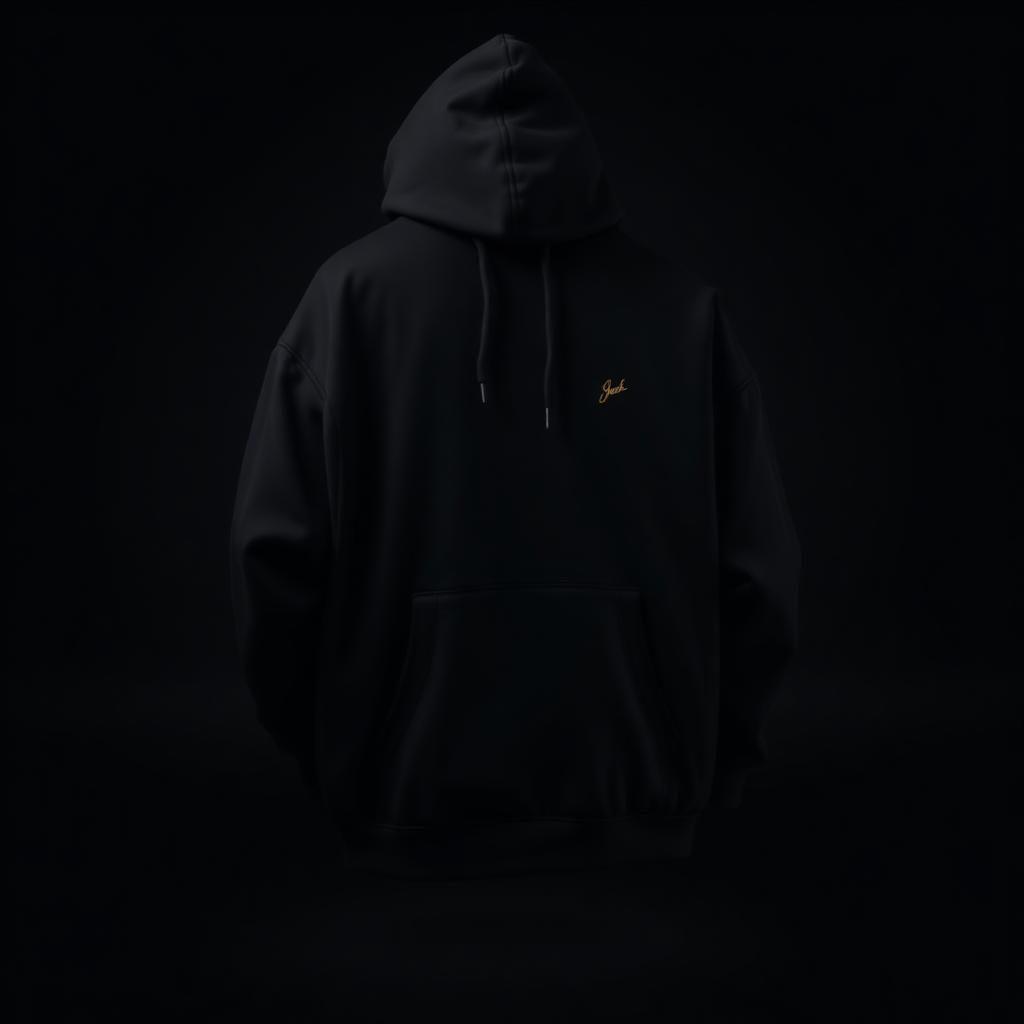 Premium black hoodie on a dark background